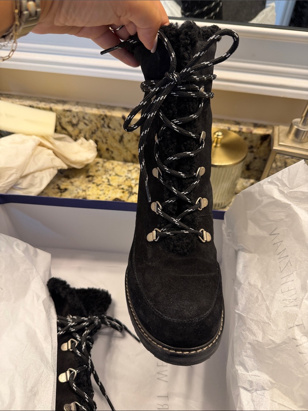 Stuart Weitzman Women's Black Suede Lace-Up Winter Boot with Faux Fur